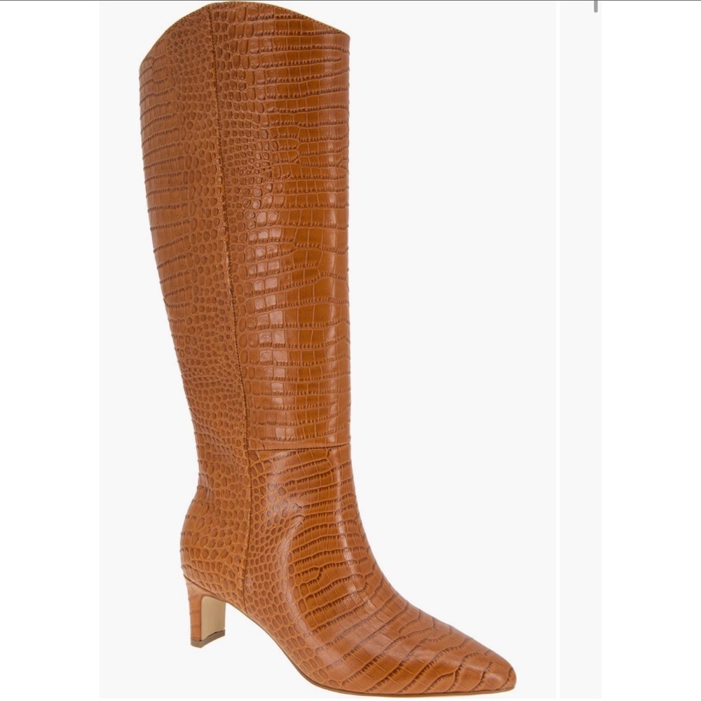 André Assous Waverly Tan Croc-Patterned Heeled Boots